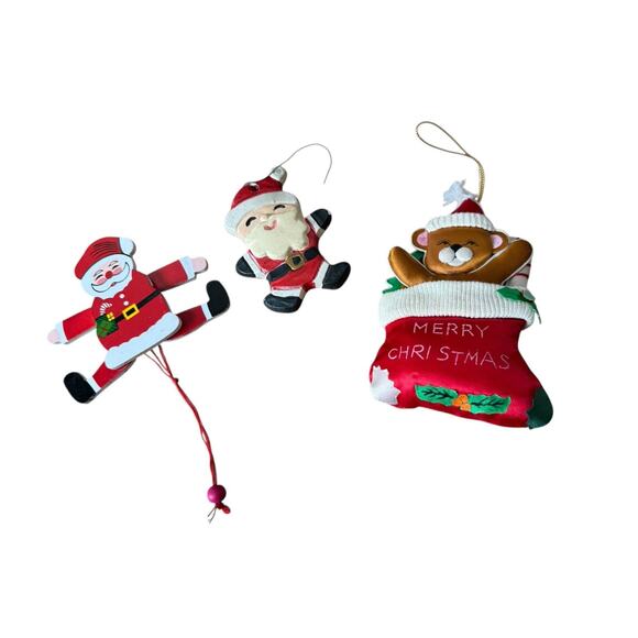Vintage Christmas Ornament Lot Santa Figures Wood Cloth Maui ’85 Bear Stocking - Picture 2 of 8